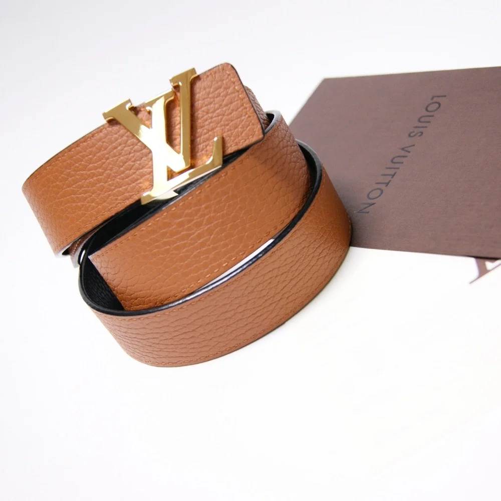 LV Initials Reversible Black Beige Belt Size 85